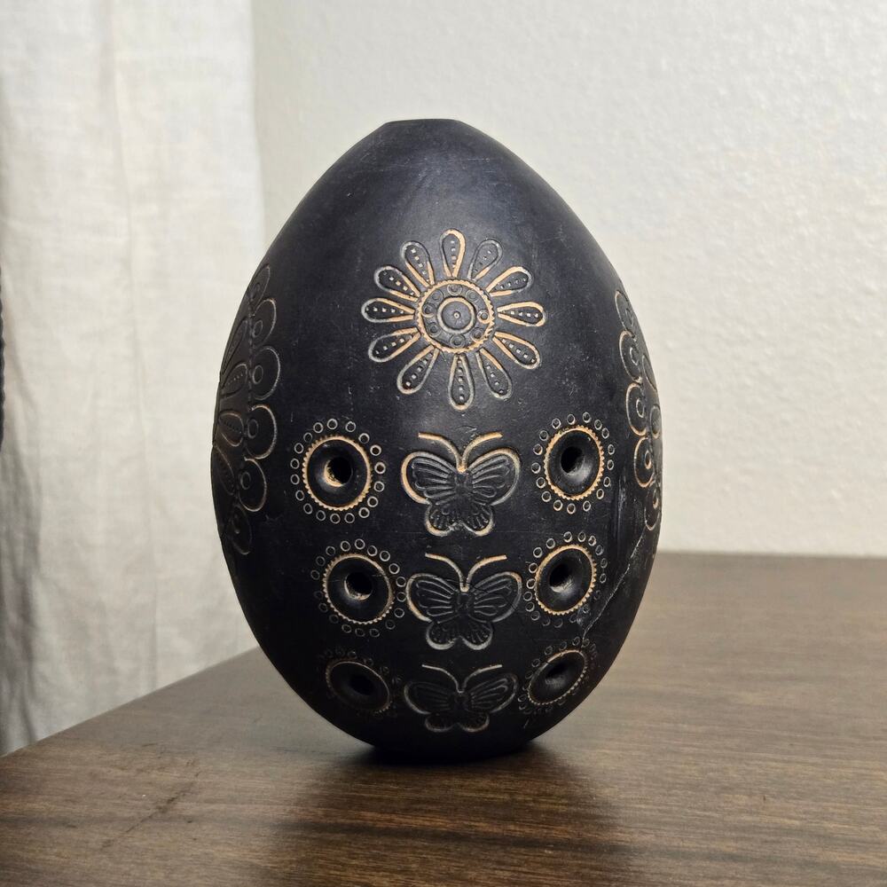 Vintage Chinese Xun Flute - Hand-Carved Black Clay Vessel Ocarina